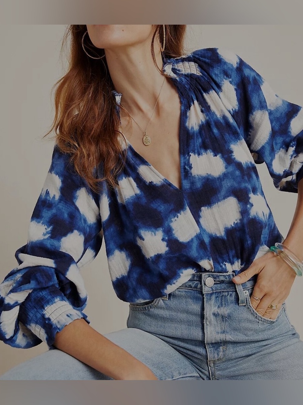 Anthropologie - Porridge Blue Tie Dye Deep V Neck Long Sleeve Blouse Size XS